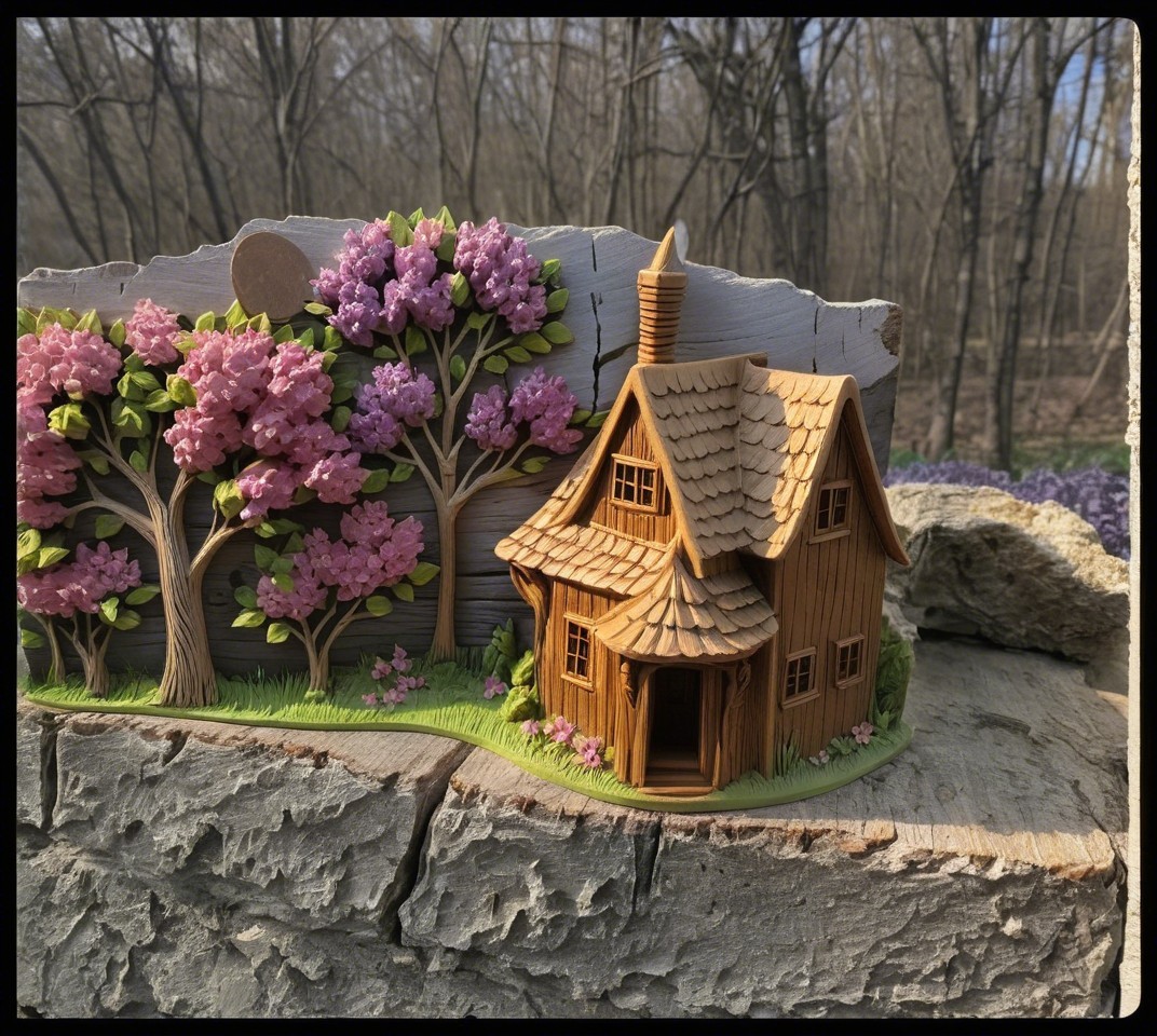 Charming Wooden House with Thatched Roof and Trees