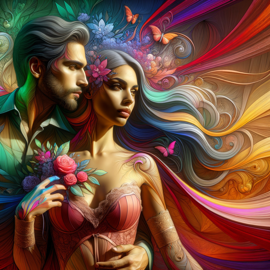 Vibrant Couple Surrounded by Colorful Swirls