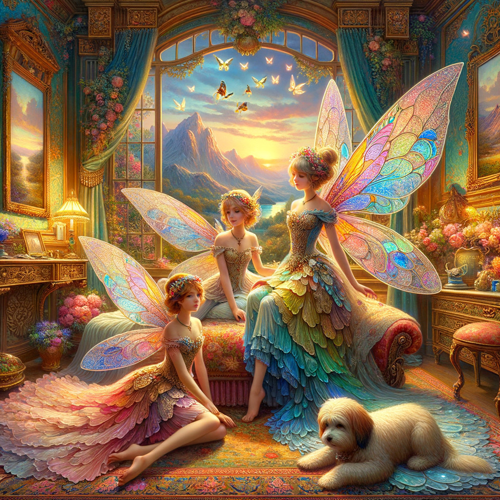 Whimsical Room with Fairies and Scenic Sunset View