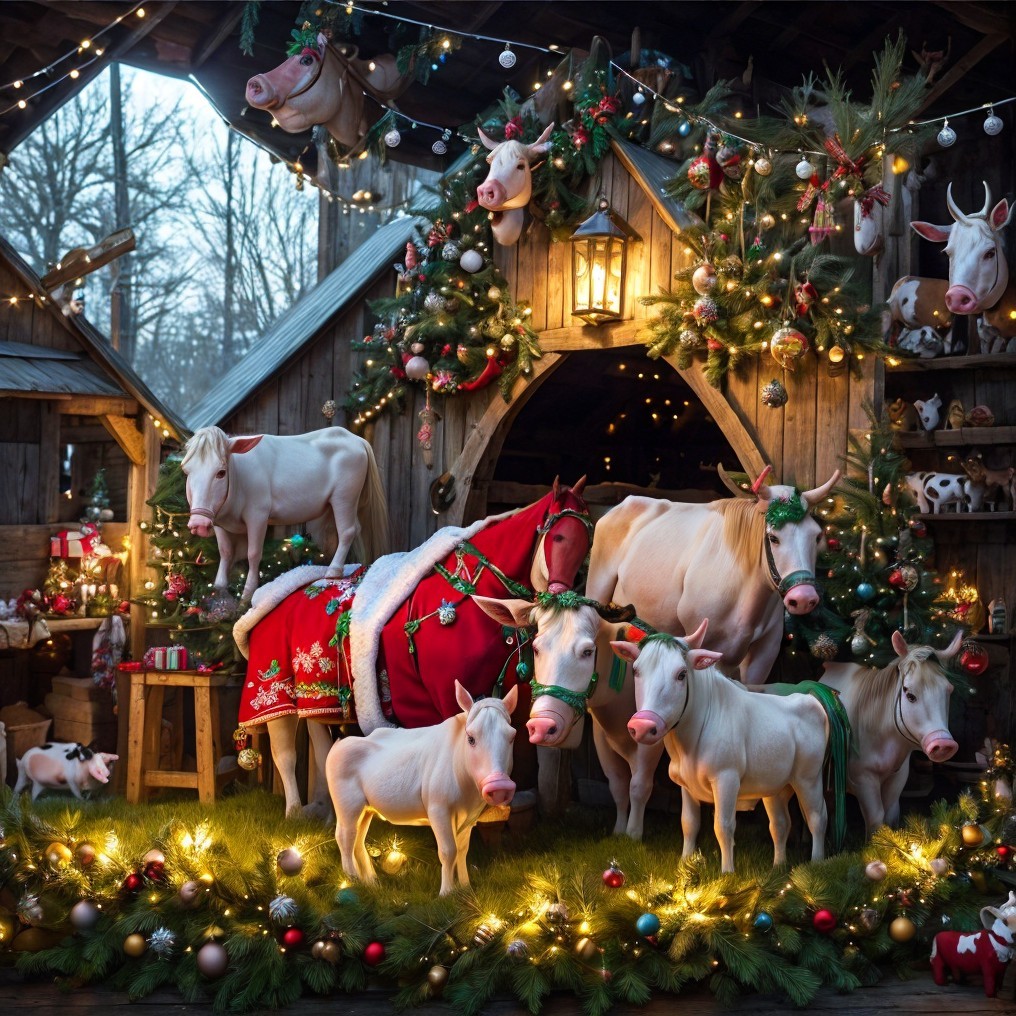 Whimsical Holiday Scene with Festive Barn and Cows