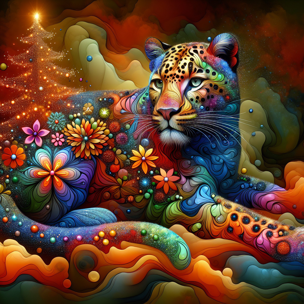 Majestic Leopard with Floral Patterns in Cosmic Scene