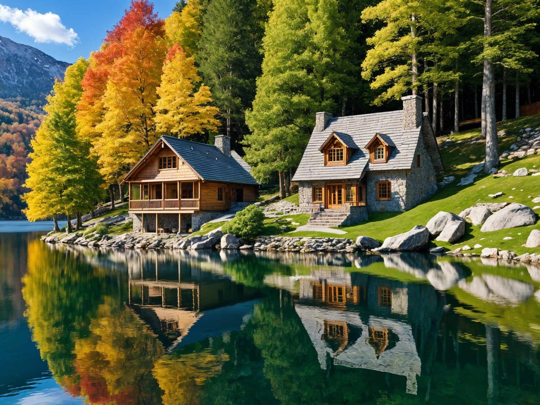 Wooden Houses by a Serene Lake in Autumn Foliage