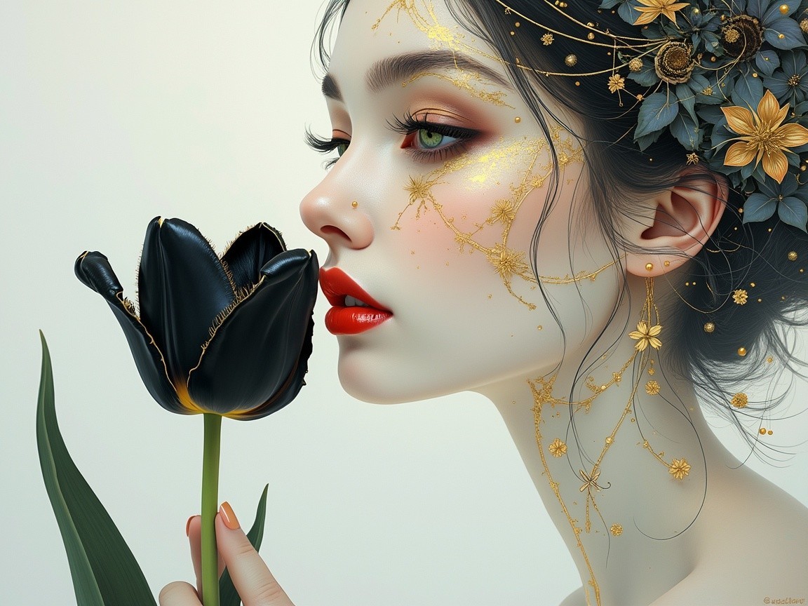 Profile of a Woman with Floral Accessories and Tulip