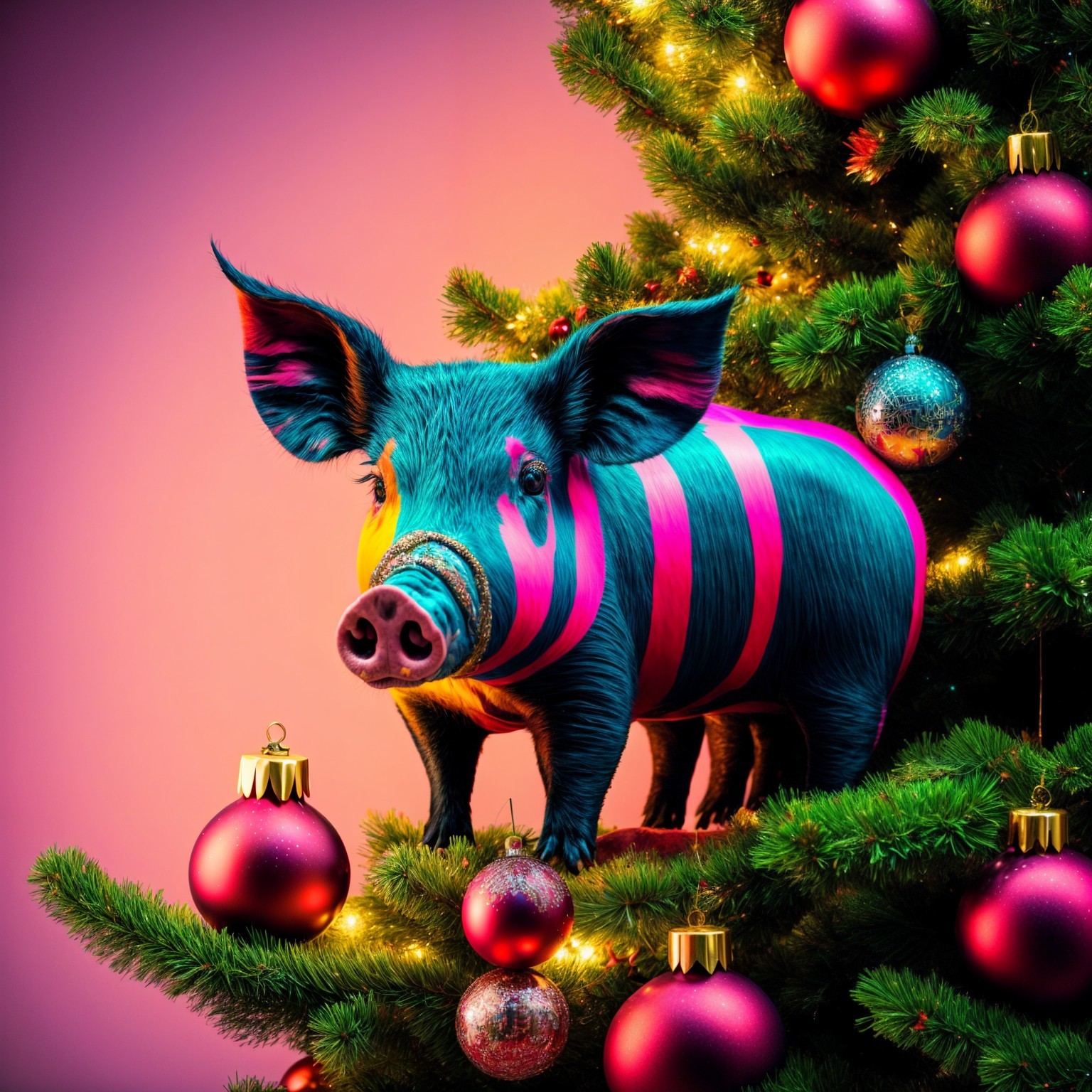 Vibrant Pig Among Colorful Christmas Tree Branches
