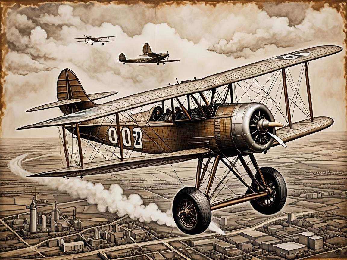 Vintage biplane flying with smoke against clouds