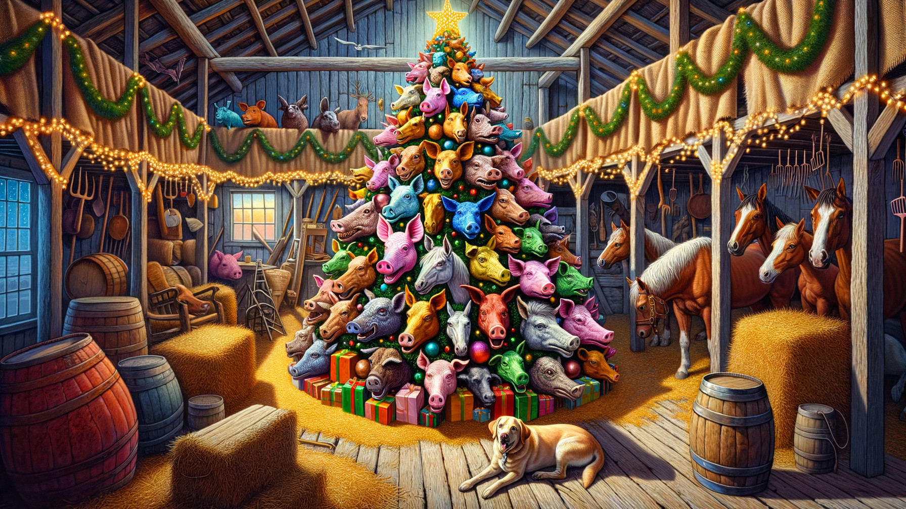 Whimsical Christmas Tree in Rustic Barn Setting