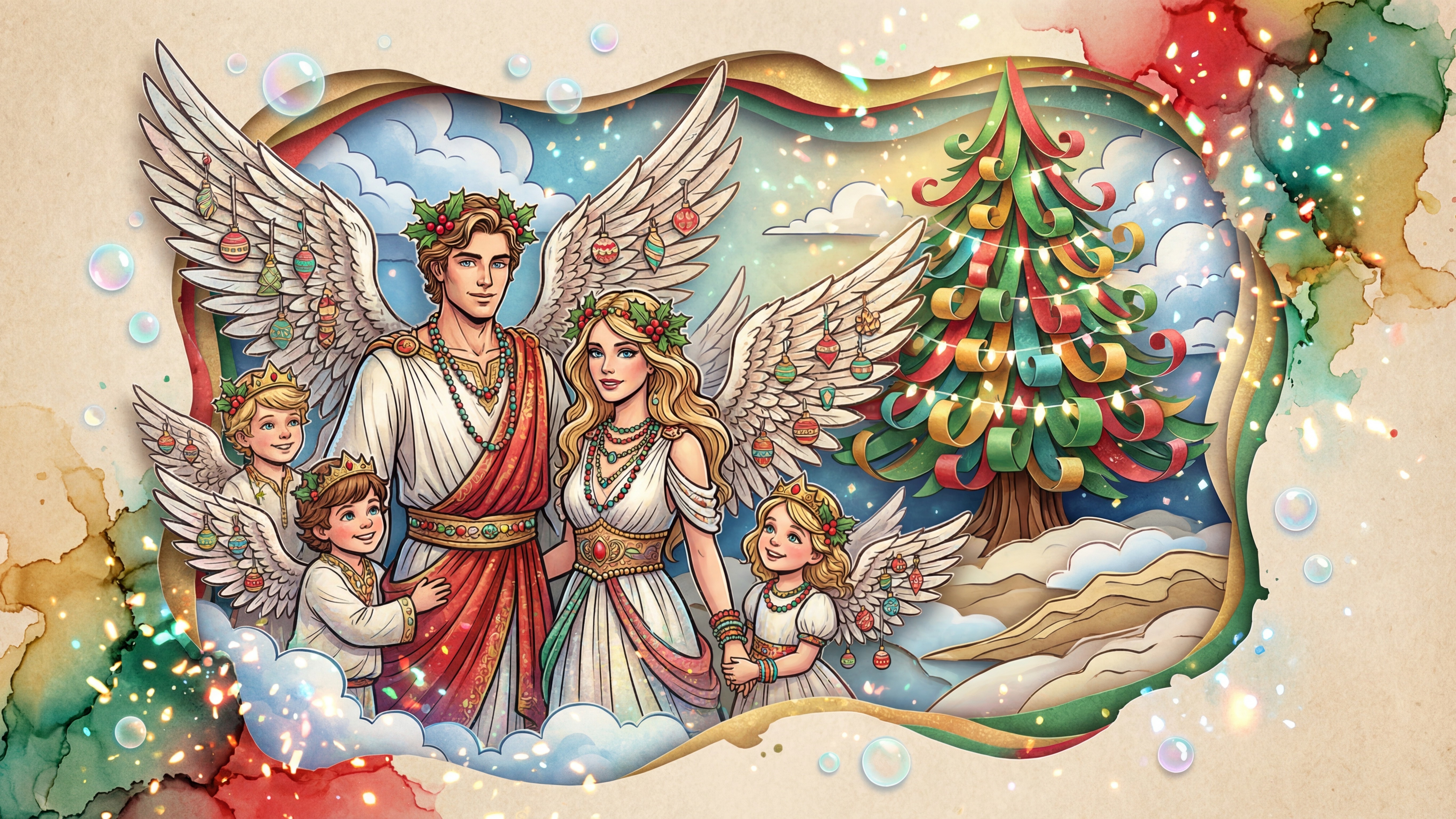 Angelic Family Decorating Christmas Tree Illustration