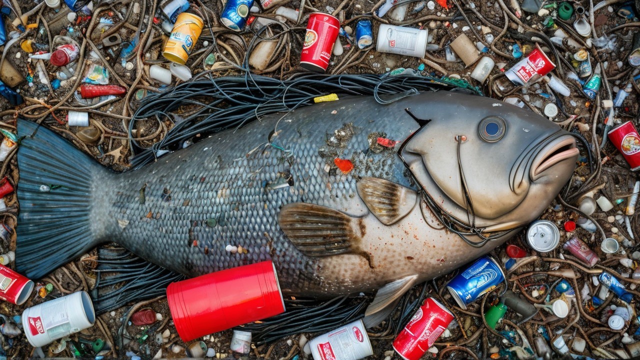 Large fish surrounded by colorful discarded waste
