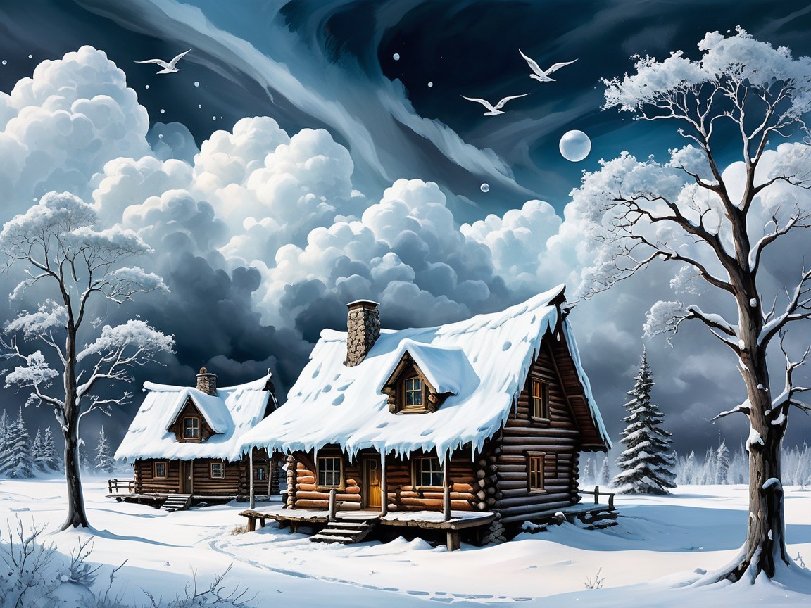 Serene Winter Landscape with Log Cabins and Snow