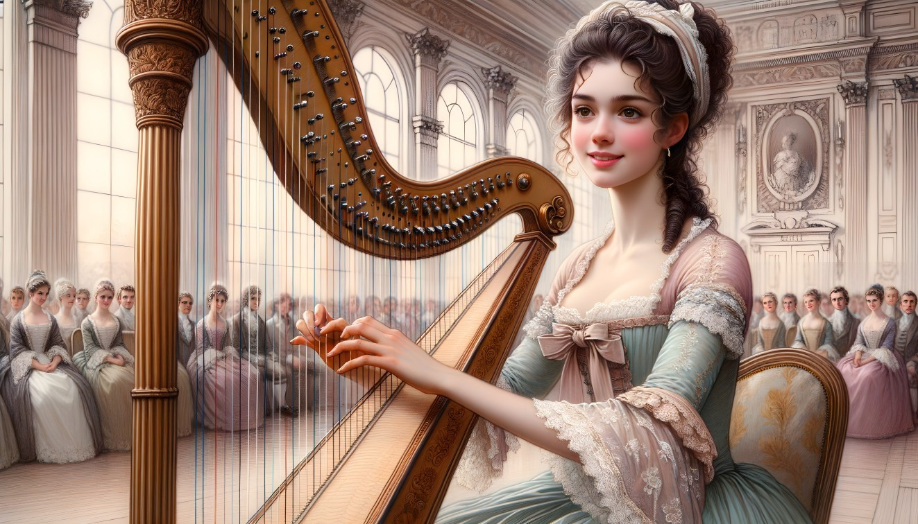 Young Woman in Pastel Gown Playing Harp in Elegant Room