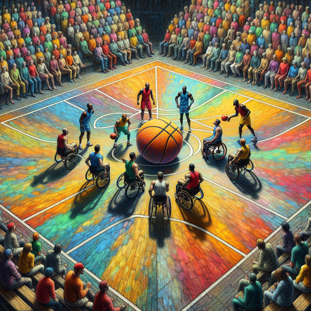 Diverse Wheelchair Basketball Game on Colorful Court