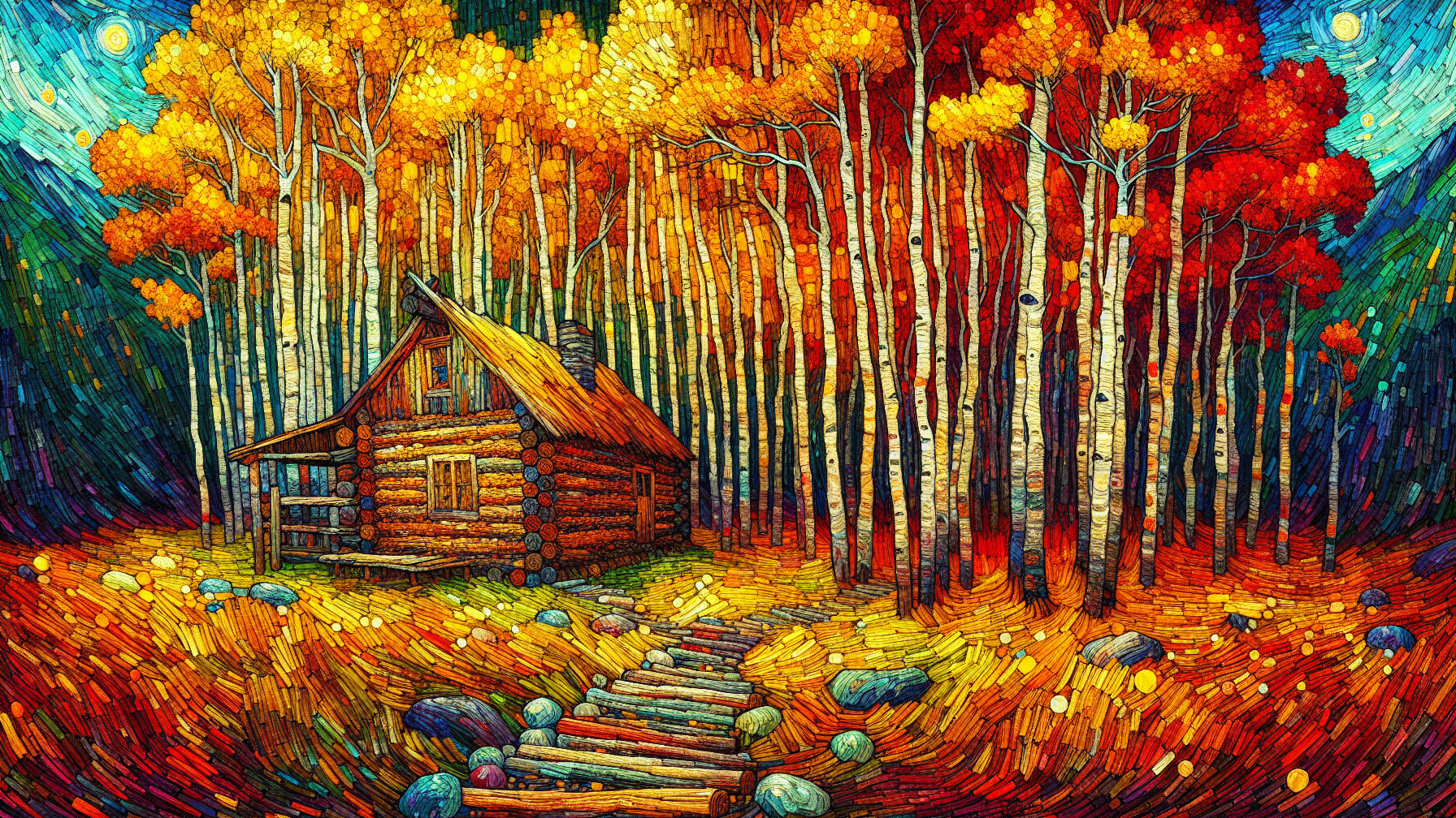 Cozy Log Cabin in Vibrant Autumn Forest Scene
