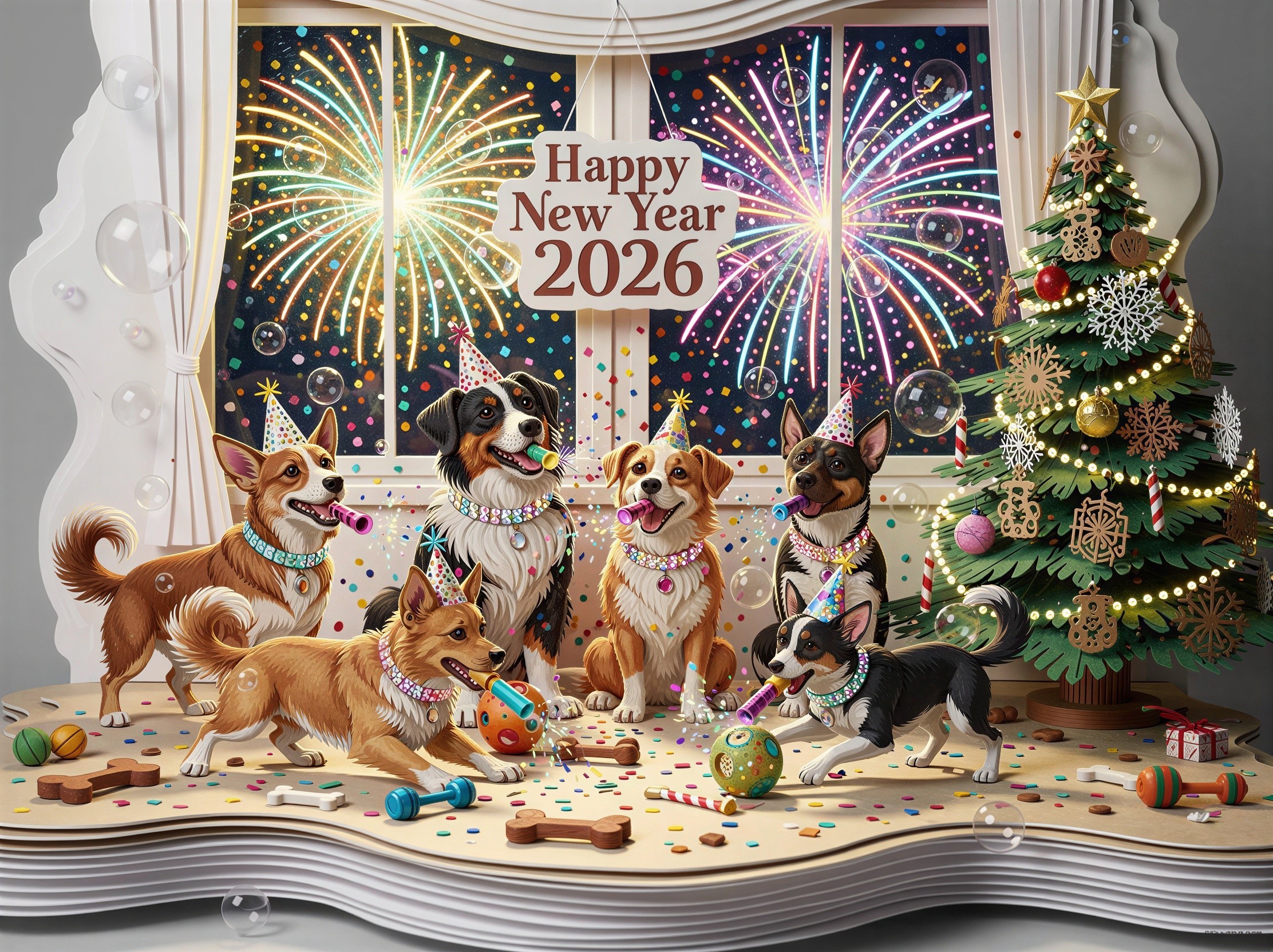 Dogs in Party Hats Celebrate New Year's Eve with Fireworks