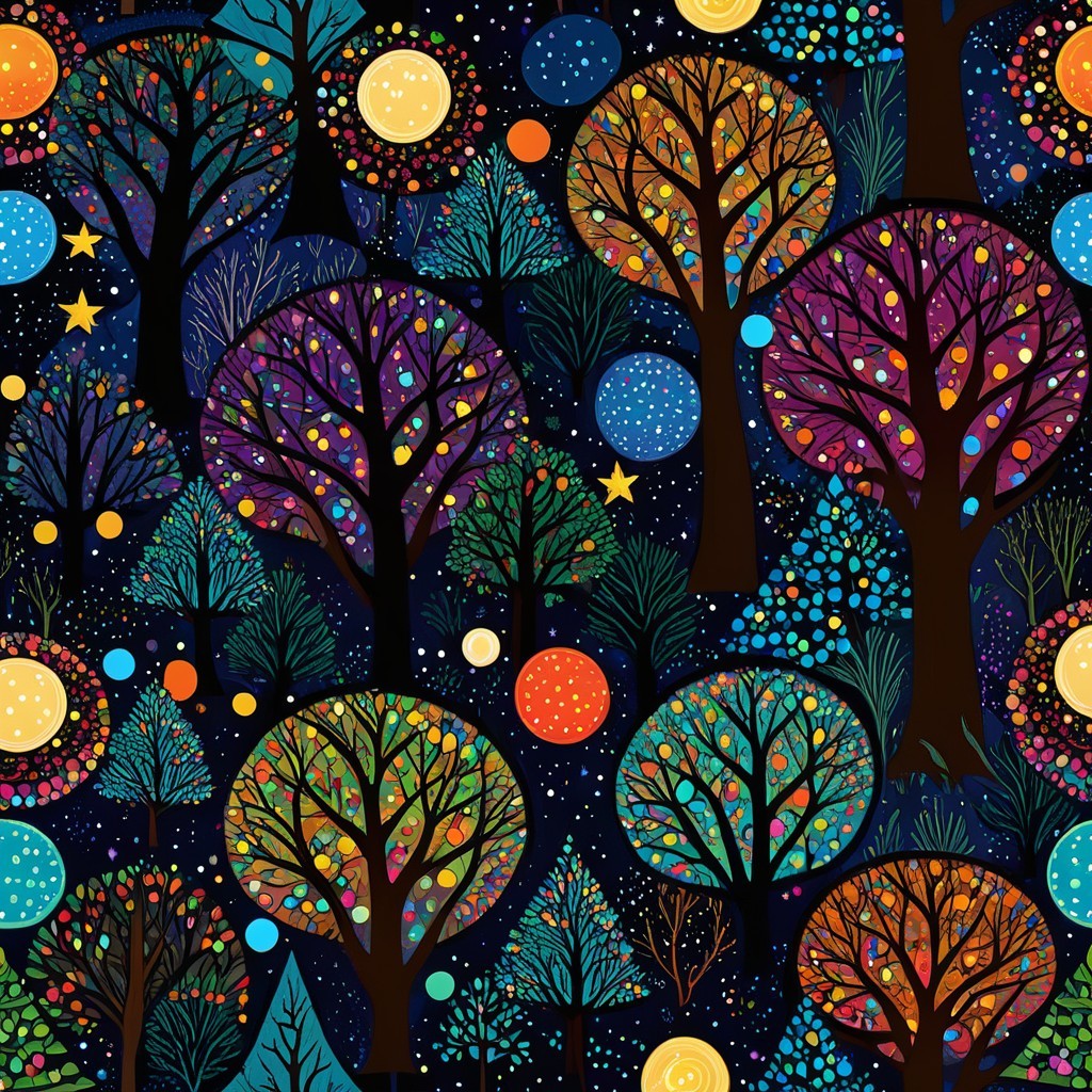 Whimsical Illustration of Colorful Trees at Night