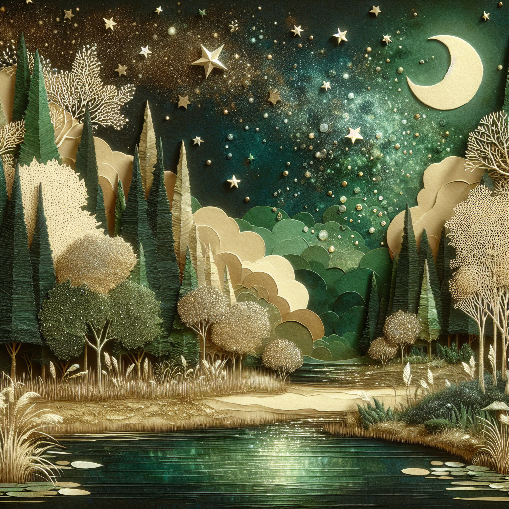 Whimsical Landscape with Tranquil Pond and Starlit Sky