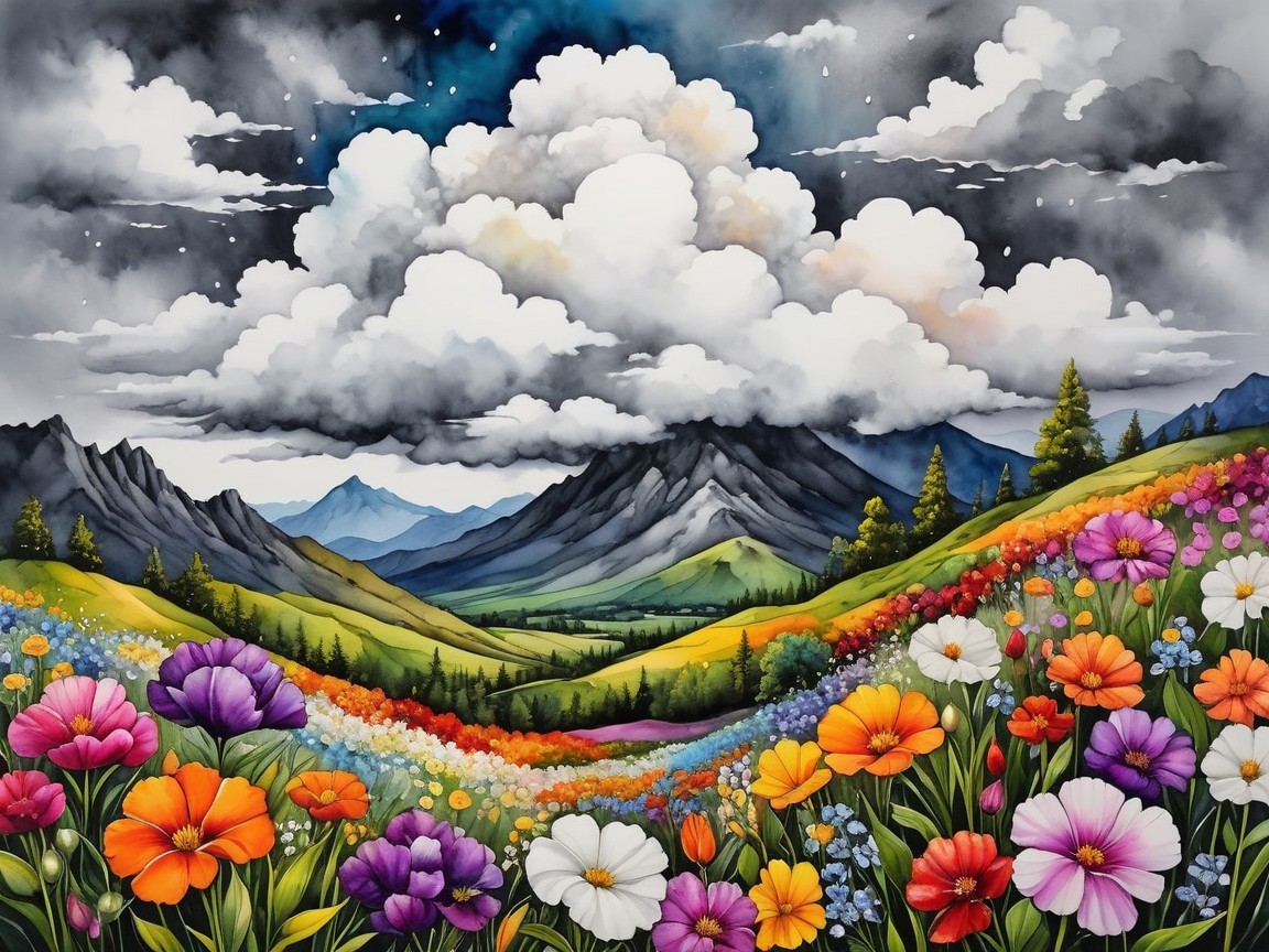 Vibrant Landscape with Colorful Wildflowers and Mountains