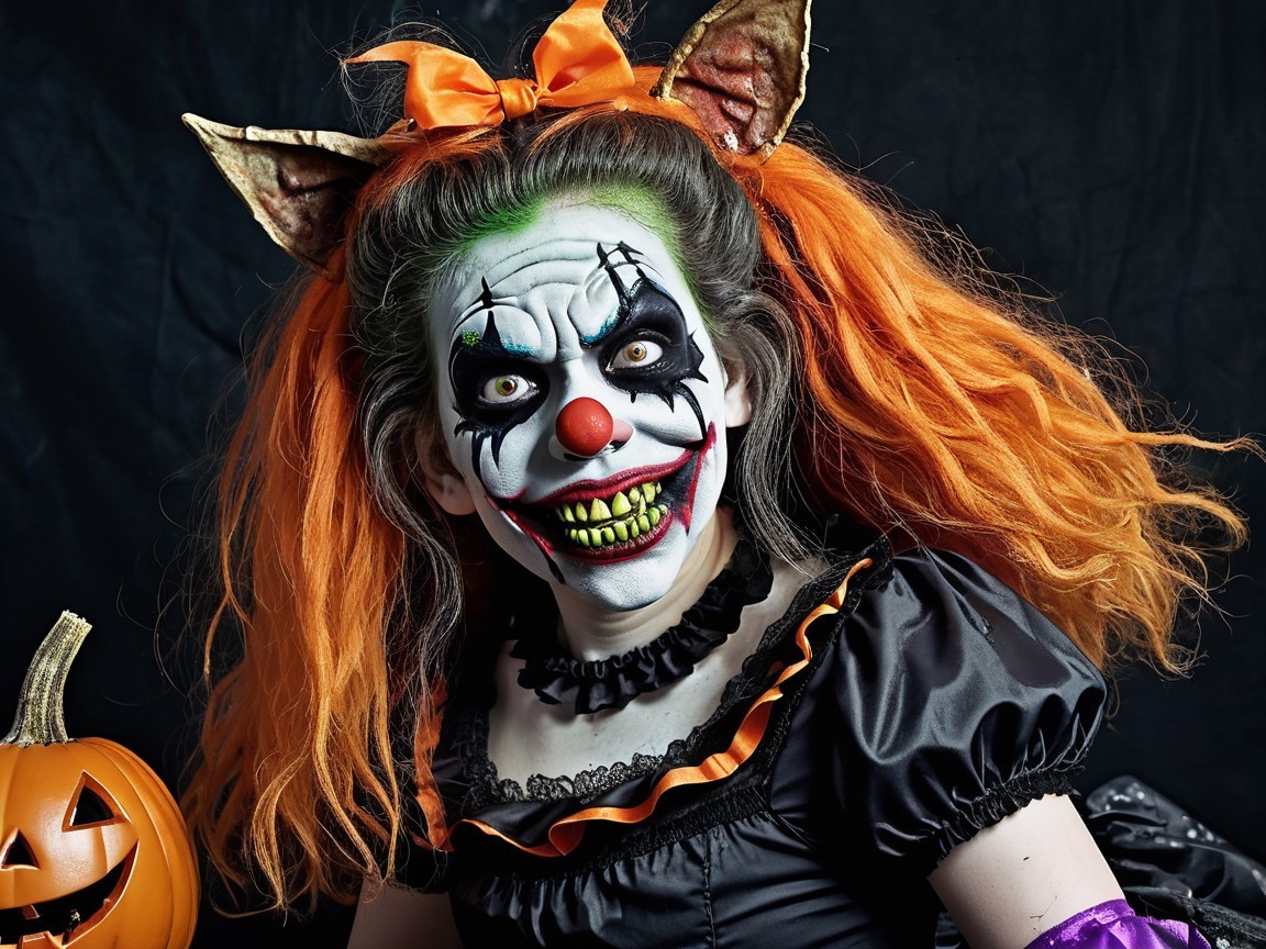 Spooky Clown Character with Orange Hair and Dark Makeup
