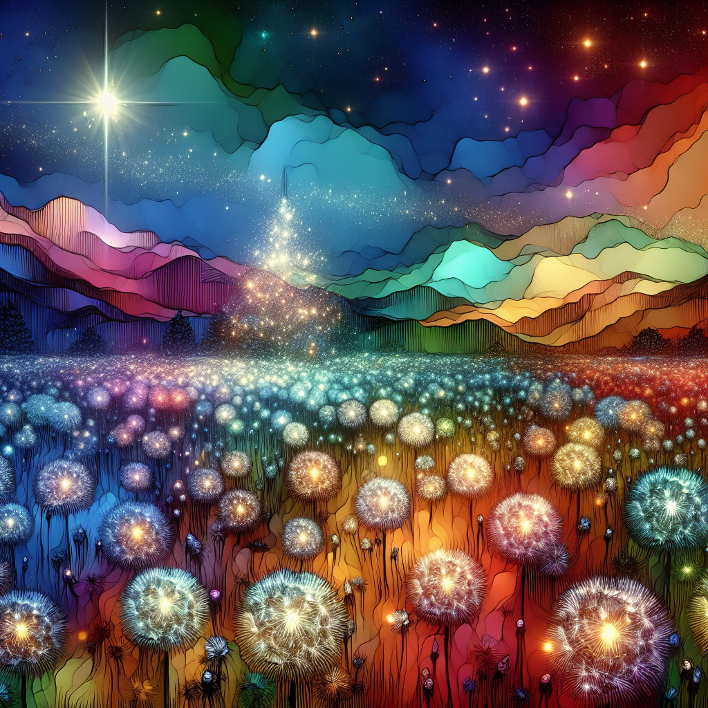 Vibrant Dreamlike Landscape with Glowing Dandelions