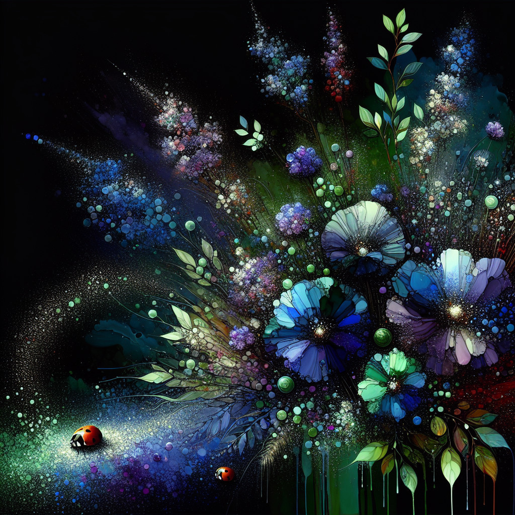 Abstract Floral Arrangement with Vivid Colors and Ladybugs