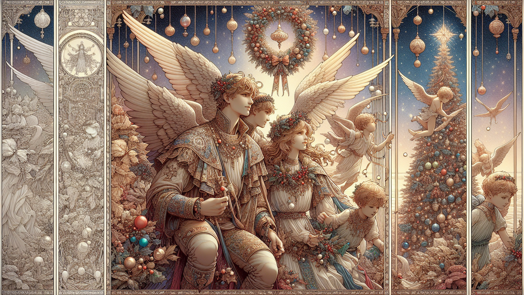 Ornate Triptych Digital Painting of Christmas Angels