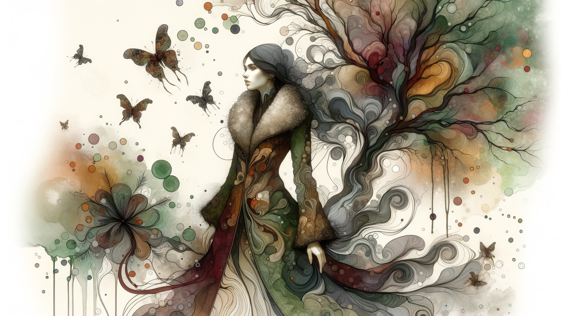 Whimsical Illustration of a Woman Surrounded by Butterflies
