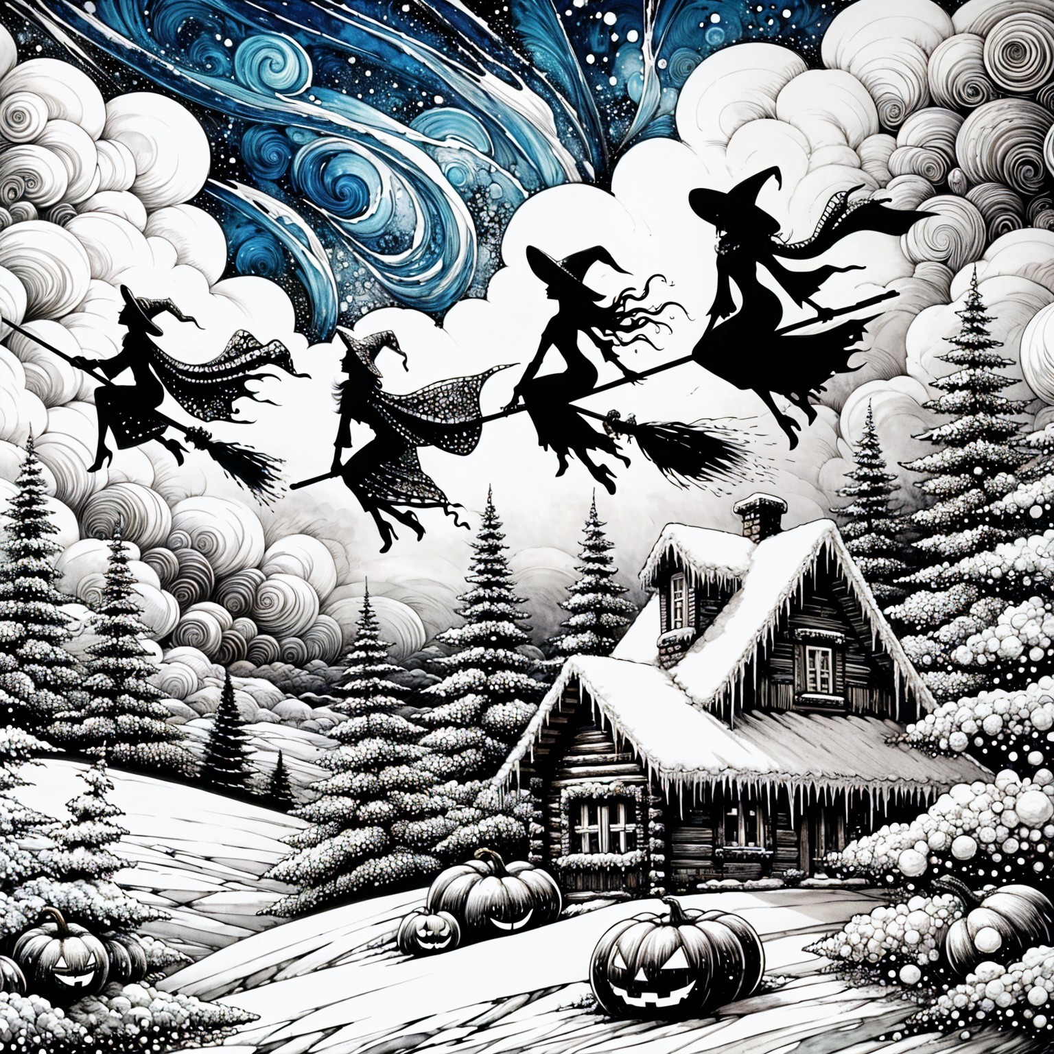 Silhouetted Witches Flying in a Starry Night Sky