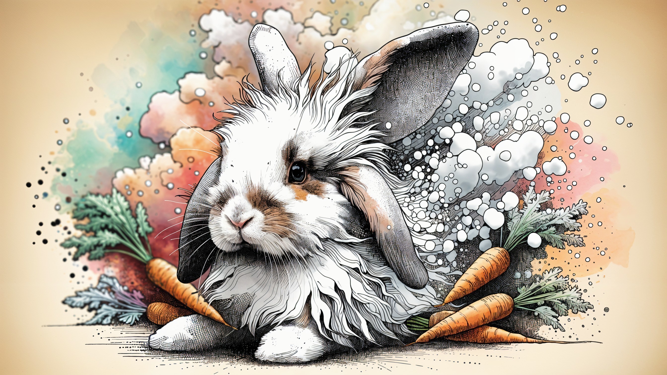 Whimsical Illustration of a Rabbit with Carrots