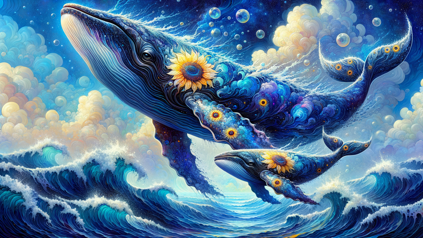 Surreal Seascape with Whales and Colorful Waves