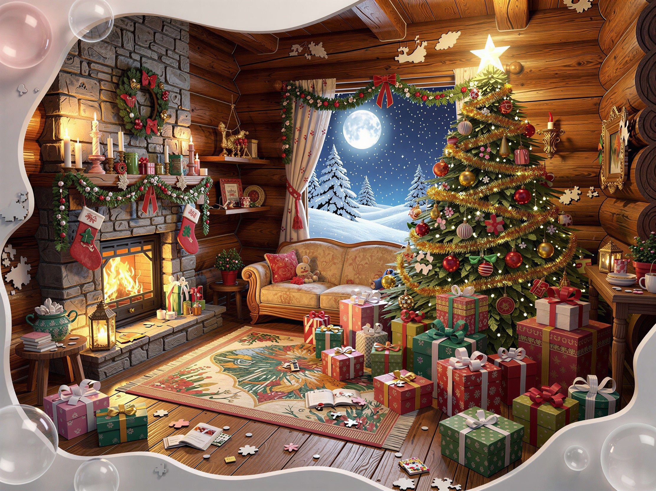 Cozy Christmas Scene in a Log Cabin with Fireplace