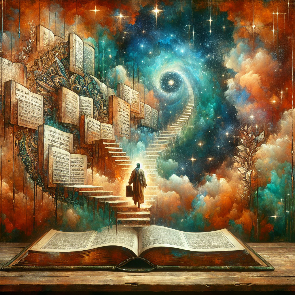 Open Book on Wooden Surface with Cosmic Staircase