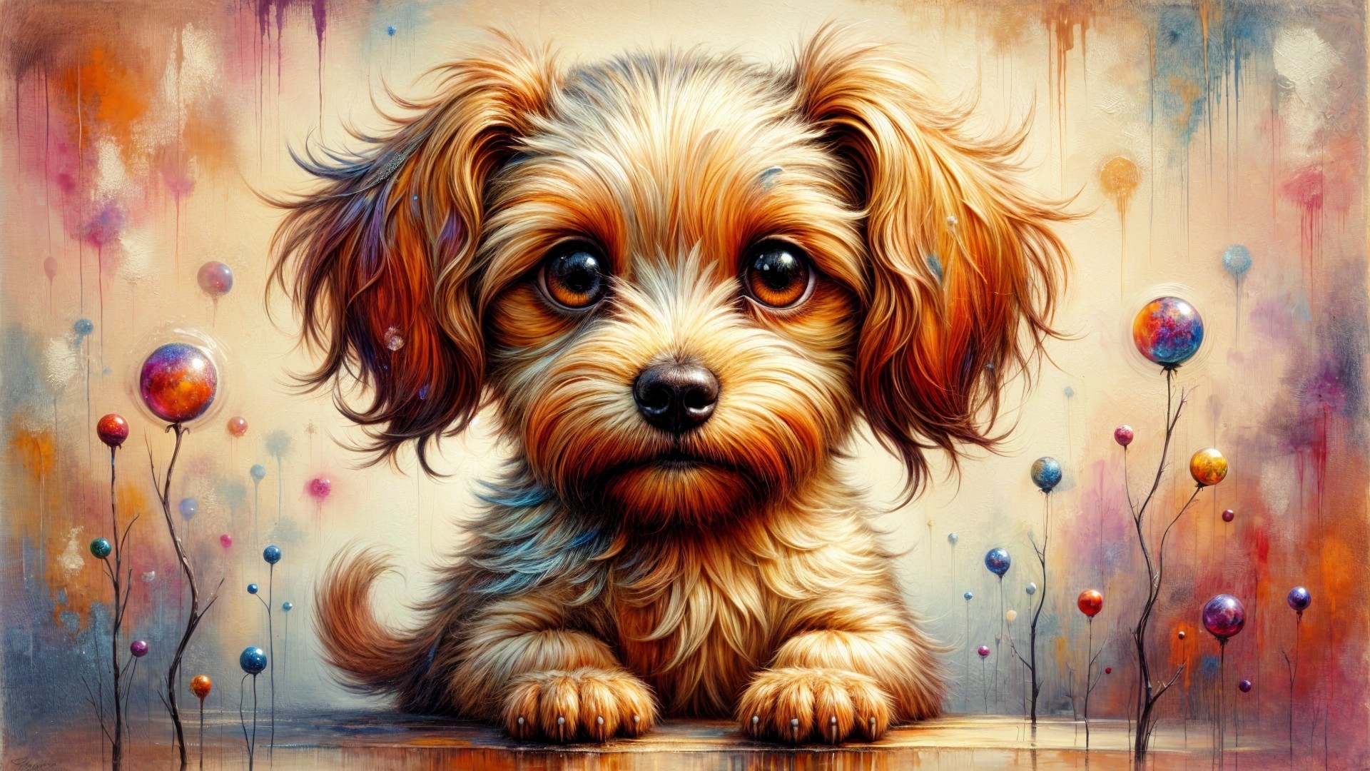 Fluffy Puppy with Large Eyes on Colorful Background