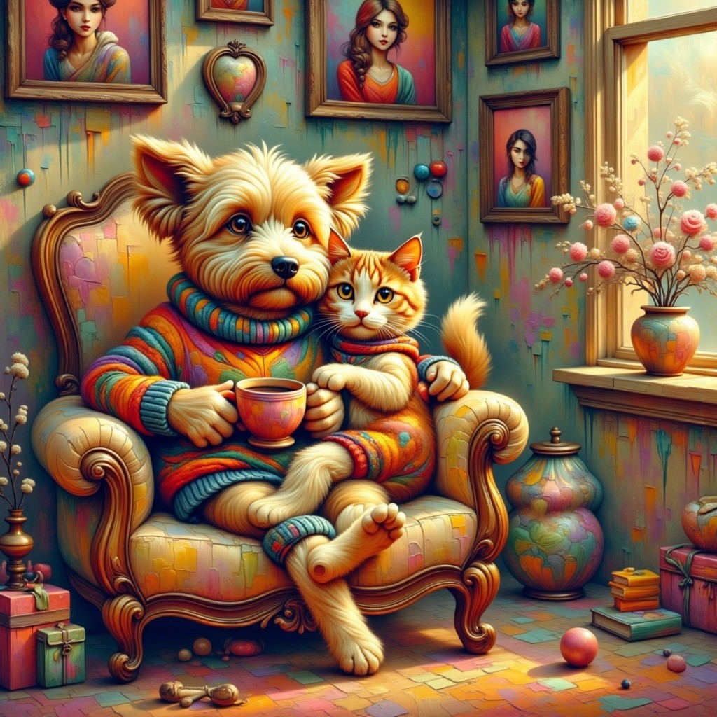 Cozy Room with Anthropomorphic Dog and Cat Companions