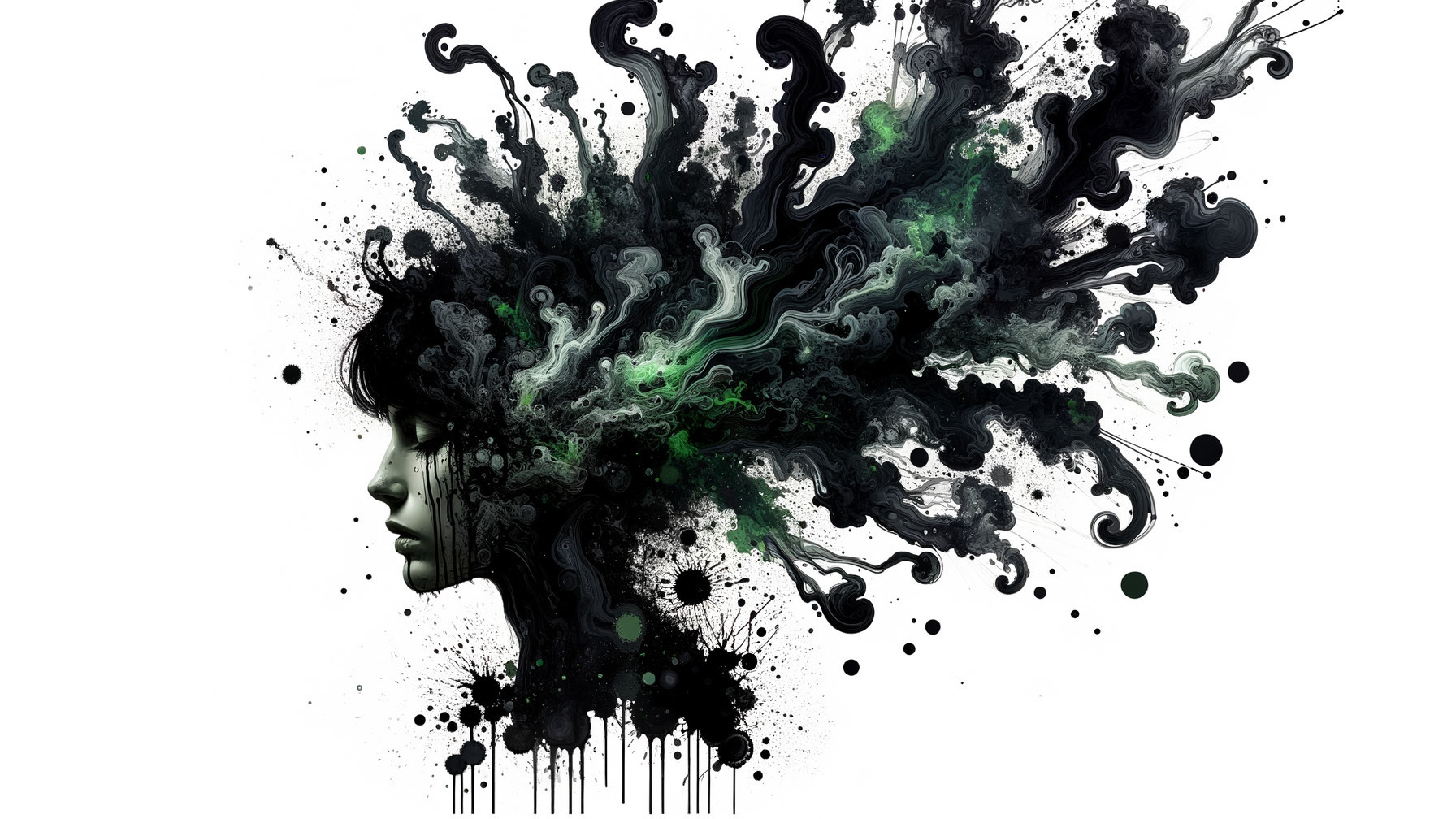 Silhouette of Woman with Abstract Green Patterns