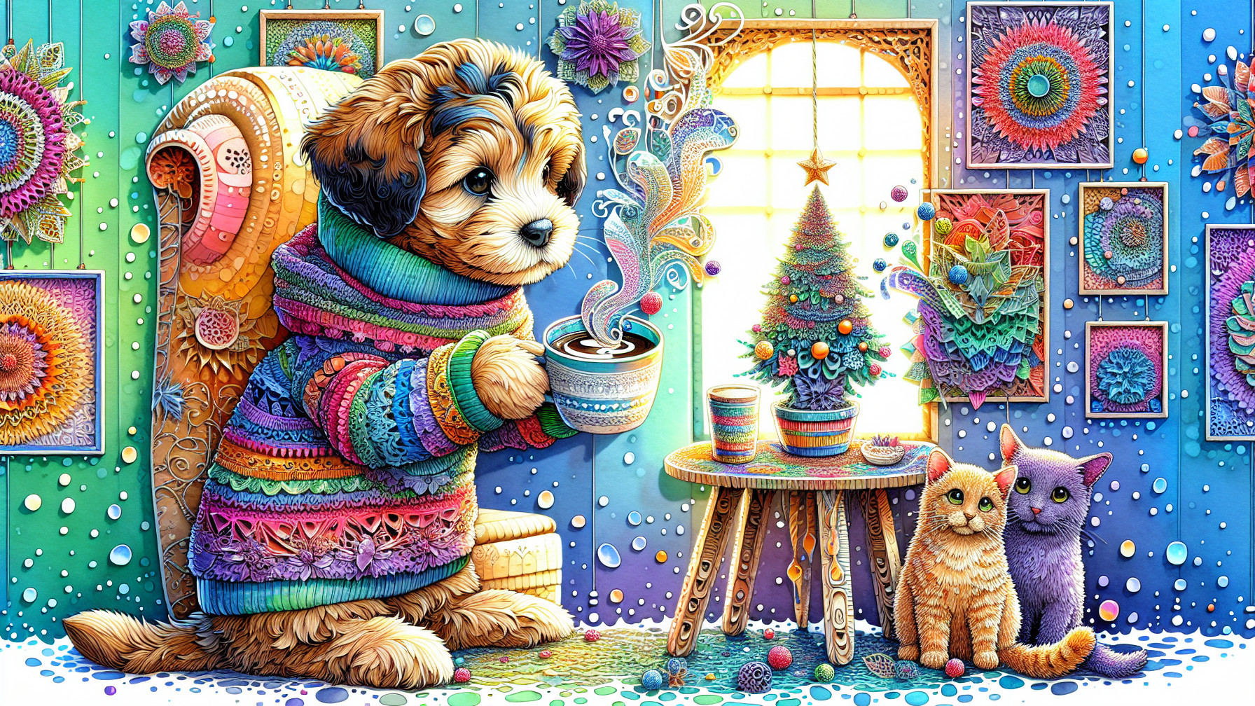 Cozy Scene with Dog, Cats, and Christmas Decor