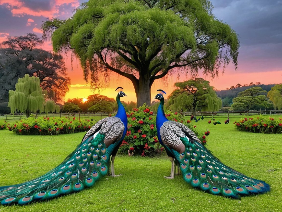 Peacocks in a Lush Garden at Sunset