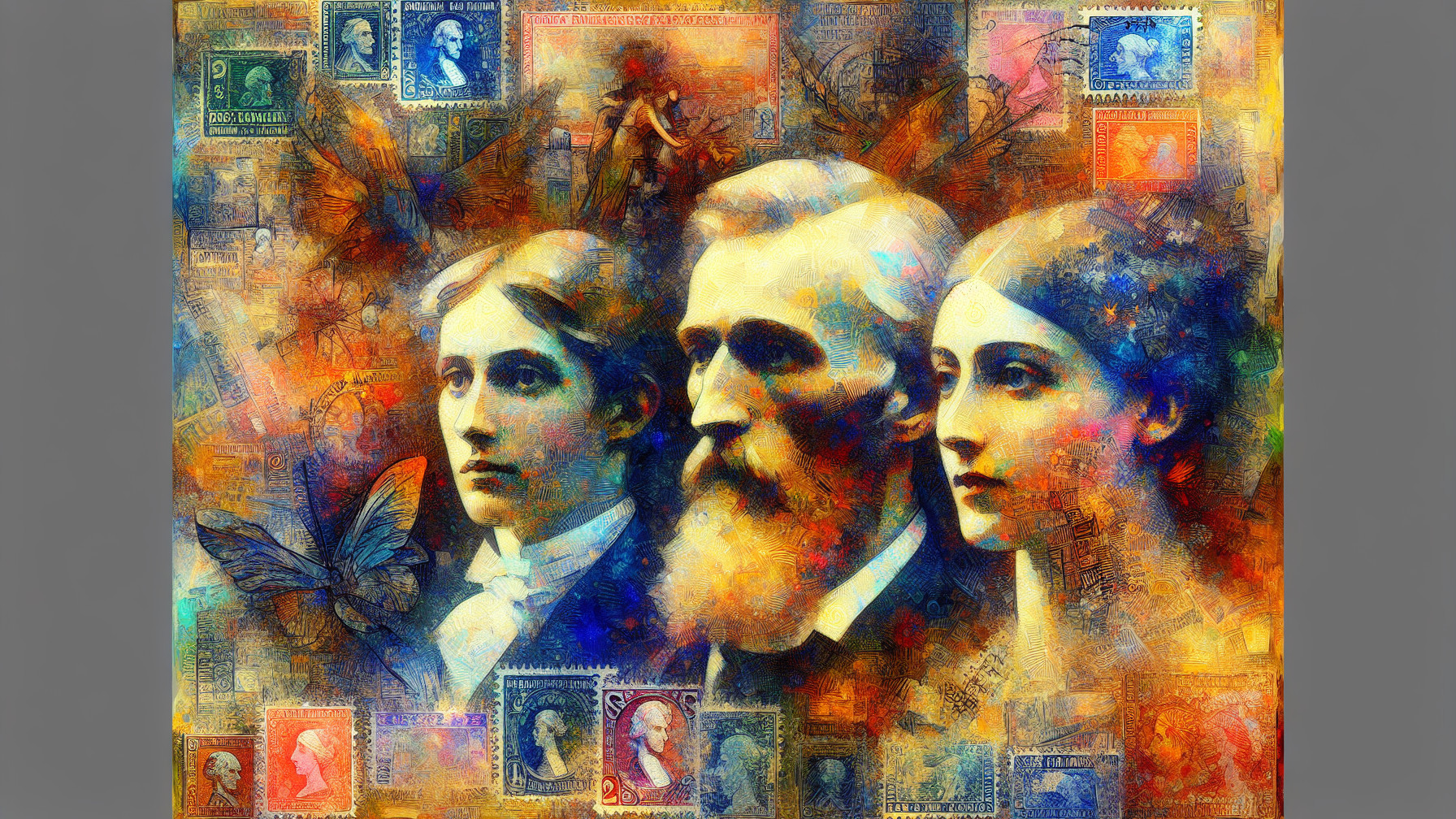 Vibrant Collage of Portraits with Vintage Stamps