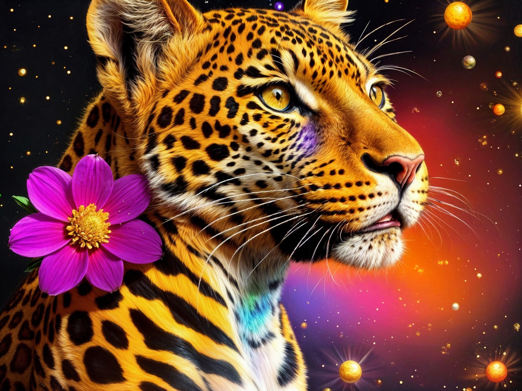 Leopard in Cosmic Setting with Colorful Planets
