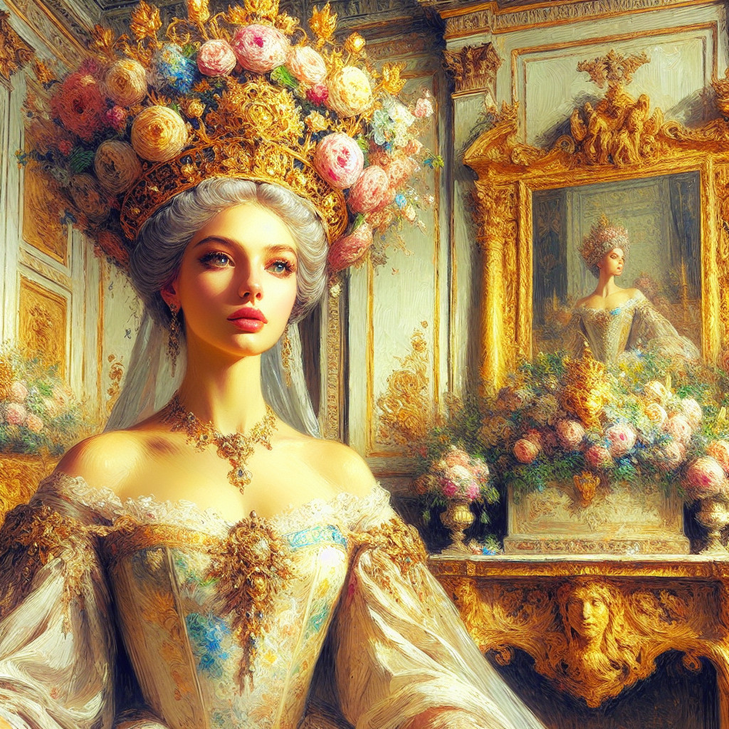 Regal Woman in Luxurious Gown in Opulent Setting