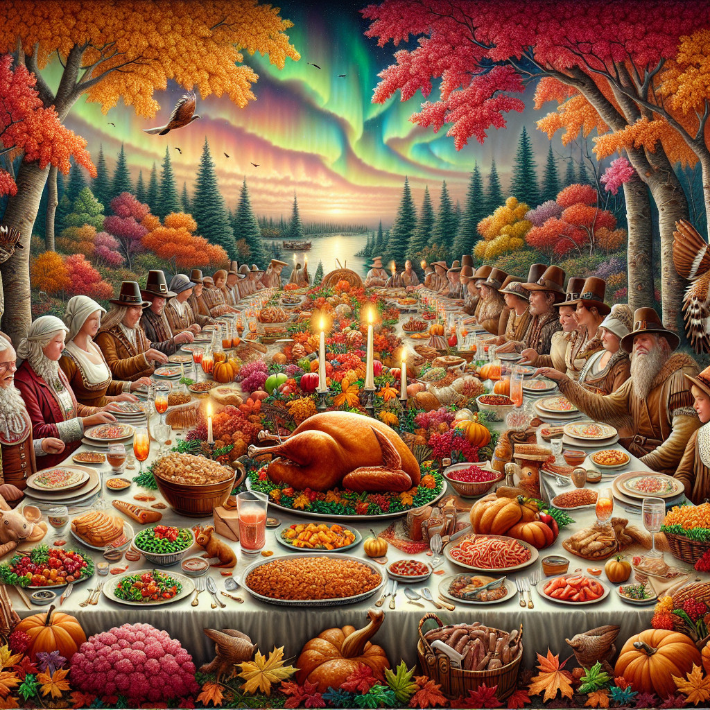 Autumn Feast with Pilgrims and Native Americans