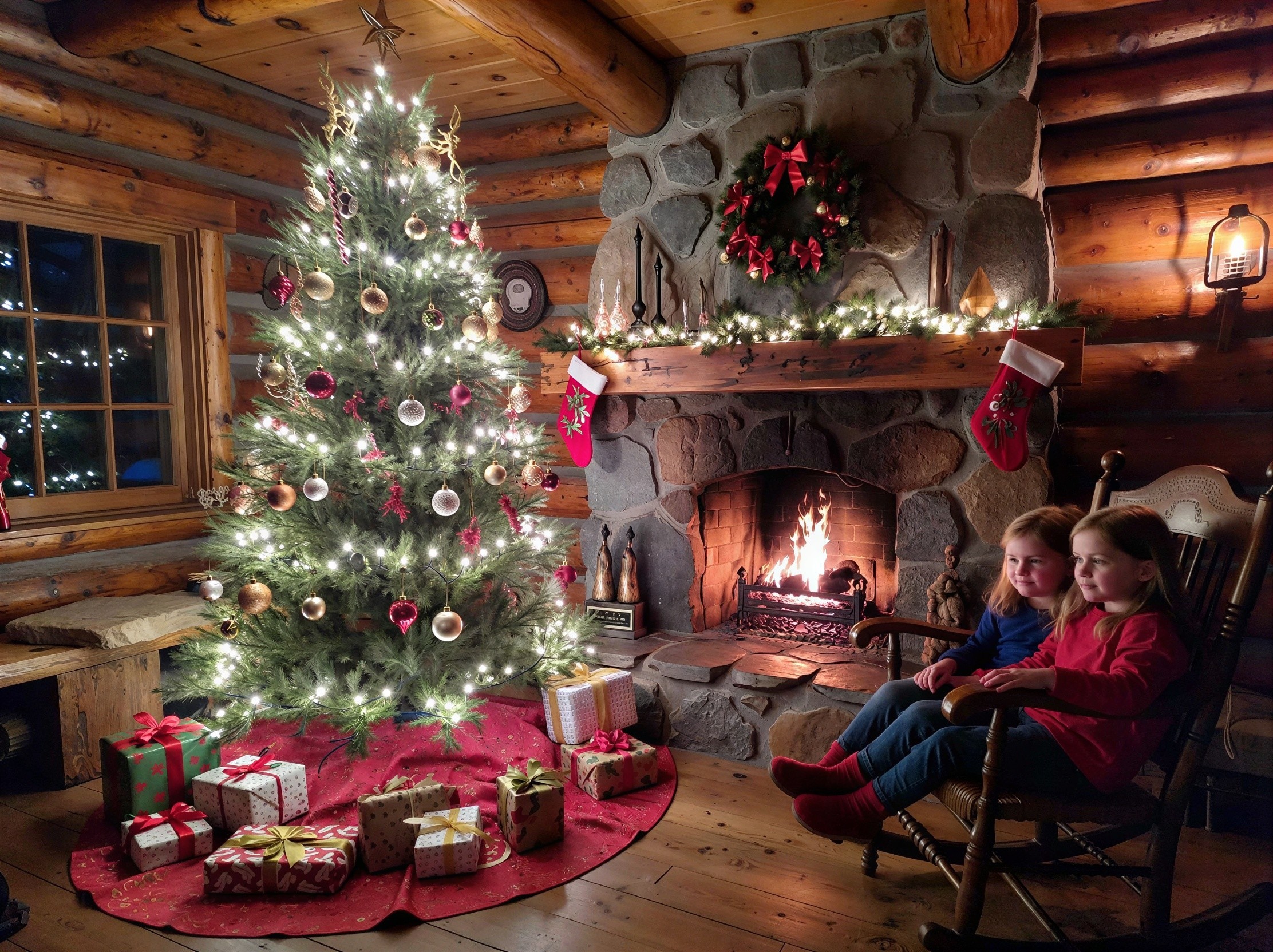 Young girls by a glowing Christmas tree and fireplace