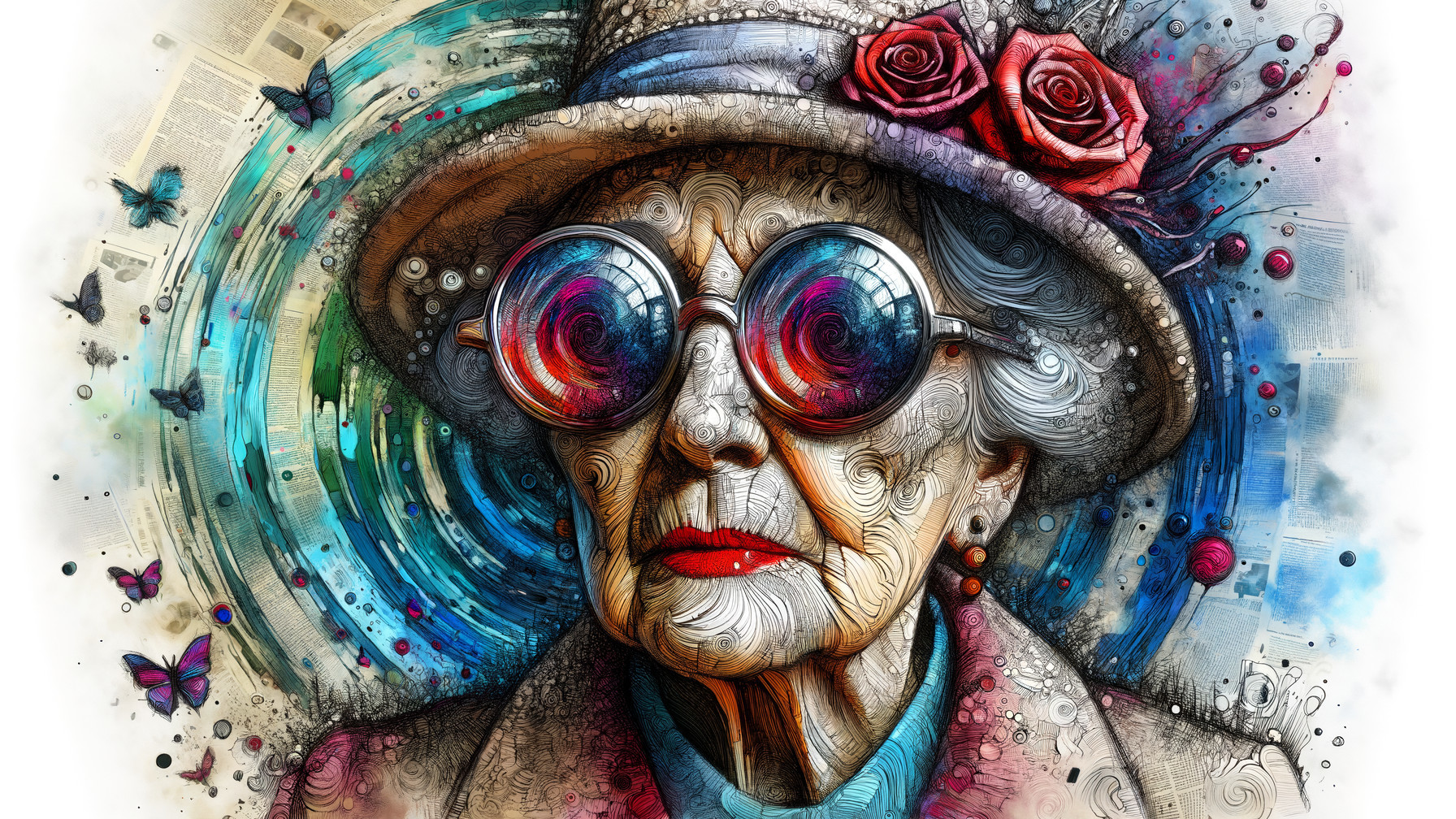 Elderly Woman Portrait with Colorful Accessories and Whimsy