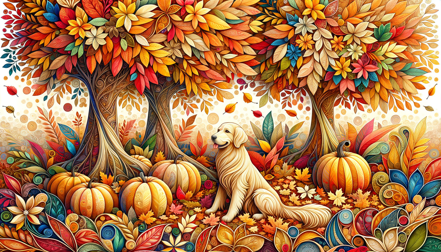 Autumn Scene with Golden Retriever and Colorful Leaves