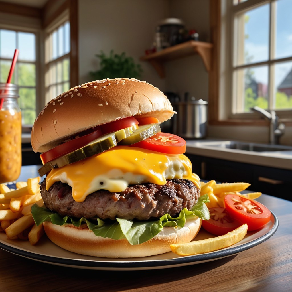 Cheeseburger with Fries on Wooden Table in Kitchen Setting