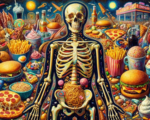 Surreal Skeleton Surrounded by Fast Food Delights