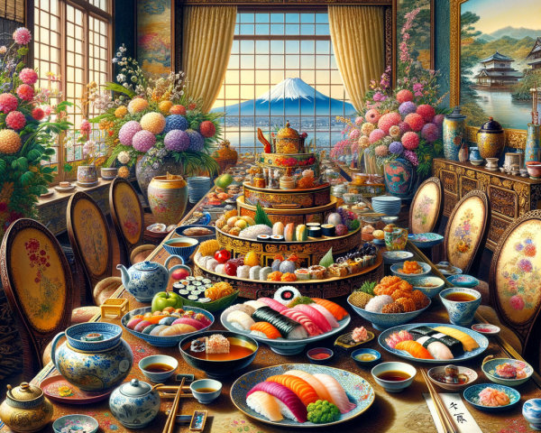 Lavish Dining Room with Sushi and Mount Fuji View