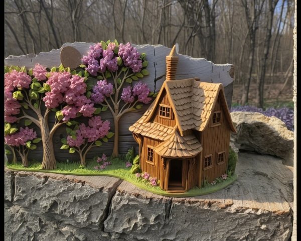 Charming Wooden House with Thatched Roof and Trees