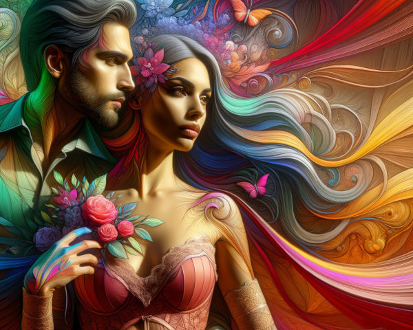 Vibrant Couple Surrounded by Colorful Swirls