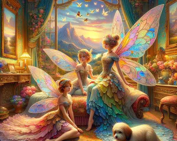 Whimsical Room with Fairies and Scenic Sunset View