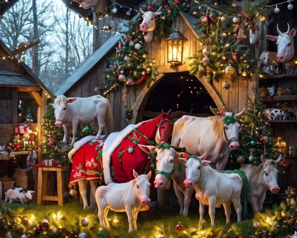 Whimsical Holiday Scene with Festive Barn and Cows