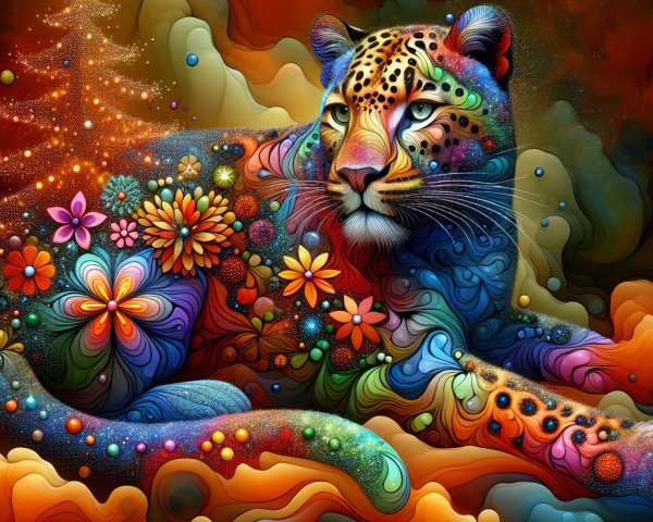 Majestic Leopard with Floral Patterns in Cosmic Scene